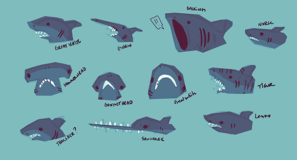 Digital illustrations of different shark heads including Great White, Hammerhead, and Goblin sharks on a teal background.