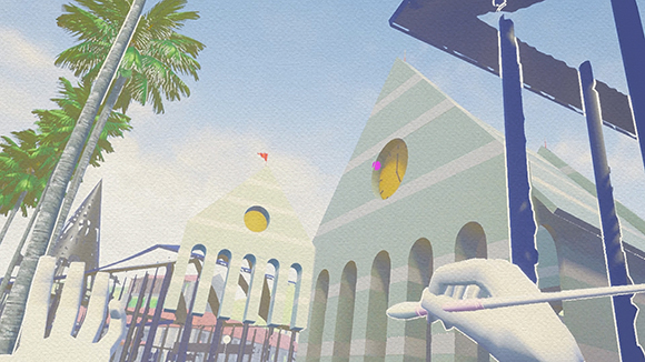 A low-poly digital painting of light green buildings, palm trees, and a blue sky.