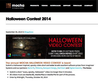 Mocha website page announcing the 2014 Halloween Video Contest with a dark, spooky graphic.