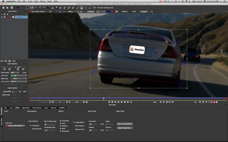 Video editing software interface showing a silver car with tracking points on a winding road.