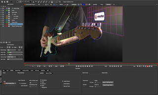 Software interface displaying motion tracking lines and a grid overlay on a person playing a guitar.
