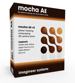 A 3D software box for mocha AE v3 featuring brown wavy patterns and text listing compatible software.