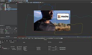 Software interface showing a man's face with blue tracking points and a mocha logo overlay.