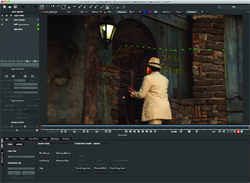 Video editing software interface displaying a scene of a man in a white coat walking through a dark alley.