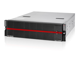 A silver and black Nexsan NST2000 rack-mountable storage server with a red horizontal stripe.