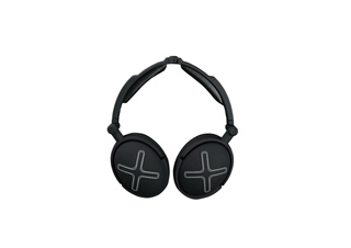 Black over-ear headphones with large grey cross symbols on the ear cups against a white background.