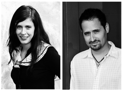 A woman with long dark hair on the left and a man with a goatee on the right.