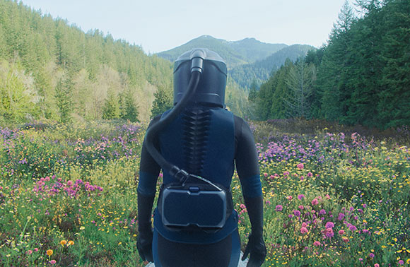 A person in a blue wetsuit and diving mask stands in a field of purple and yellow wildflowers.
