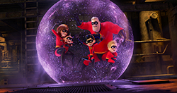 The Incredibles family in red suits trapped inside a large, glowing purple sphere.