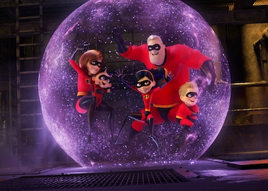 The Incredibles family posing inside a large, glowing purple energy sphere.