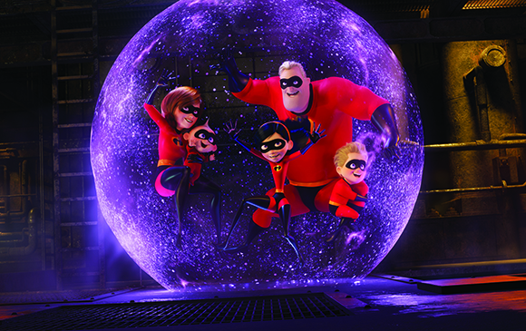 The Incredibles family members floating inside a large, glowing purple sphere.