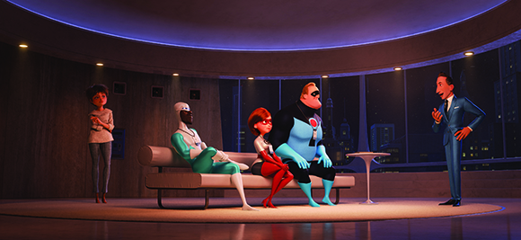 Animated characters sit on a long sofa in a dark, circular room overlooking a city at night.