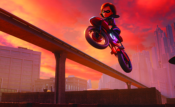 A character in a black suit performs a wheelie on a red motorcycle on an elevated track at sunset.