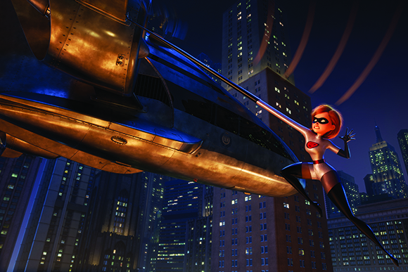 A female superhero in a red and black suit clings to a large flying vehicle above a city at night.