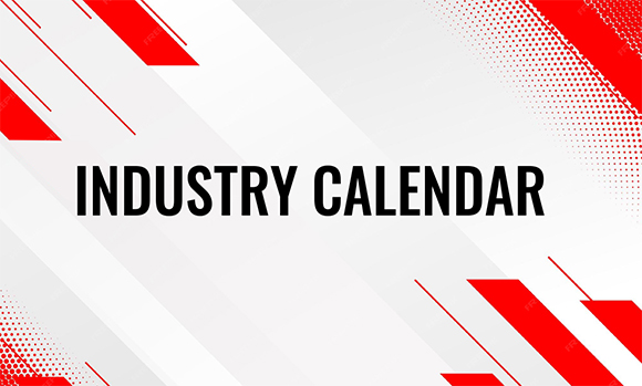 Red and white geometric background with the text INDUSTRY CALENDAR in black capital letters.