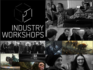 A collage featuring groups of people in black and white, digital fantasy art, and the text 'INDUSTRY WORKSHOPS'.