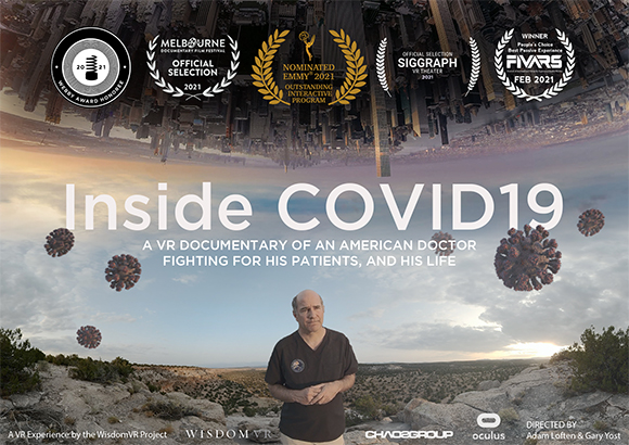 Poster for 'Inside COVID19' featuring a doctor in scrubs against a landscape and floating virus particles.