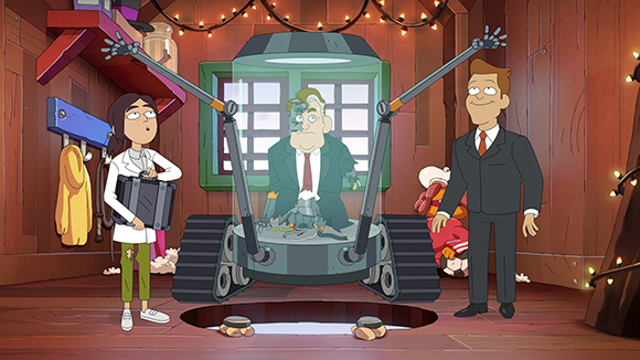 Animated characters stand around a large, tracked machine in a workshop with string lights.