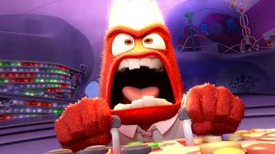 A fuzzy red character with an extremely wide open mouth and angry expression.