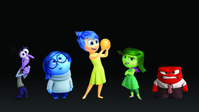 Five colorful animated characters representing different emotions stand in a row against a black background.