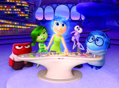 Animated characters Joy, Sadness, Anger, Disgust, and Fear stand around a glowing control panel.