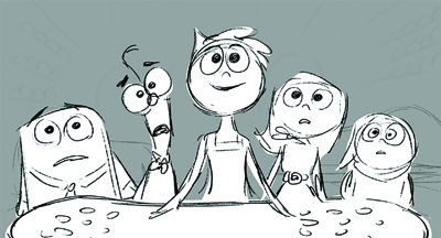 Line drawing of five diverse cartoon characters looking down with surprised expressions.