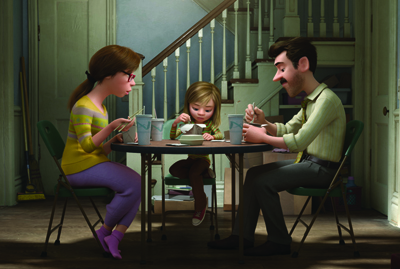 An animated family of three sits around a small round table eating takeout in a home hallway.