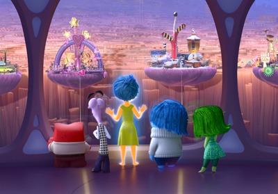 Animated characters stand before a large window overlooking floating islands with amusement park rides.