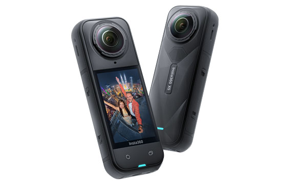 Two black Insta360 X5 360-degree action cameras angled against a white background.