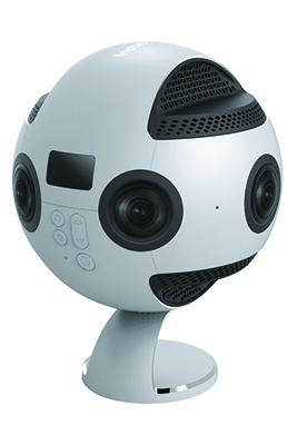A white spherical 360-degree camera with multiple lenses and a small screen mounted on a curved stand.