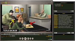Video editing software interface showing an animated scene of three men in an office setting.
