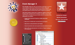 Promotional layout for Event Manager X featuring a lightbulb icon, gold seal, and software interface preview.