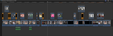 A complex video editing timeline showing various video clips, audio tracks, and timecode markers.