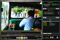 Video editing software interface displaying a man in a blue shirt sitting in a vehicle.
