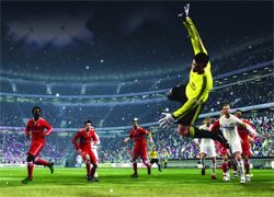 A goalkeeper in a neon yellow jersey leaps high into the air during a soccer match in a large stadium.