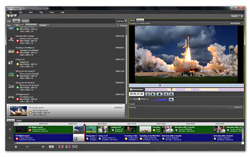 A rocket launches with a large plume of smoke and fire against a cloudy sky, displayed on a computer monitor.
