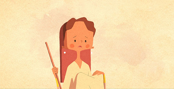 Stylized illustration of a person with long hair holding a wooden staff against a textured beige background.