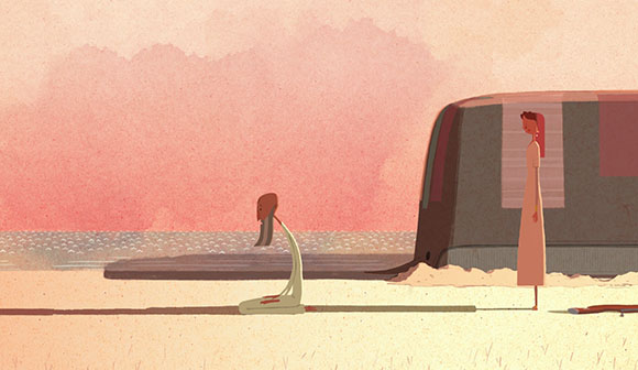 An illustration of two figures on a sandy beach near a large dark structure under a pink sky.