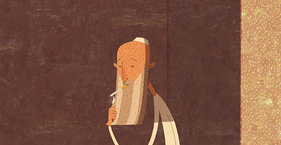 Stylized illustration of a man with a long beard smoking a cigarette against a dark brown background.