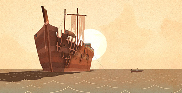 Illustration of a large wooden sailing ship on a calm sea against a large, pale sun.