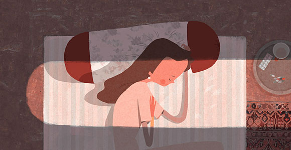 Illustration of a woman lying in bed with her head on a pillow, appearing contemplative or unwell.