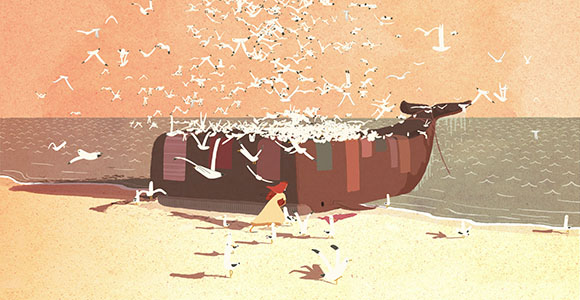 Illustration of a large brown whale on a sandy beach surrounded by a flock of white seagulls.