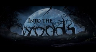 Stylized text reading "INTO THE WOODS" formed by dark, twisted tree branches against a large full moon.