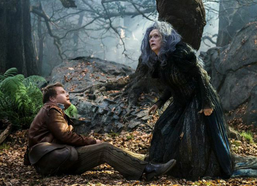 A woman with long grey hair in a dark dress leans toward a man sitting on the ground in a misty forest.