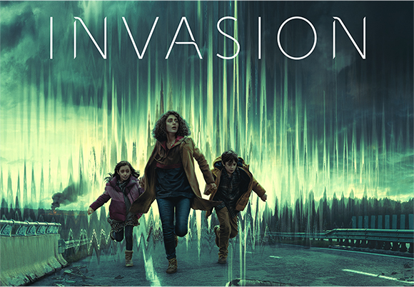 Three children run toward the viewer through a teal, streaked landscape under the text 'INVASION'.