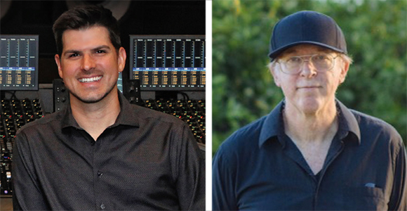 A smiling man in a dark shirt in a studio and an older man in a cap and glasses outdoors.