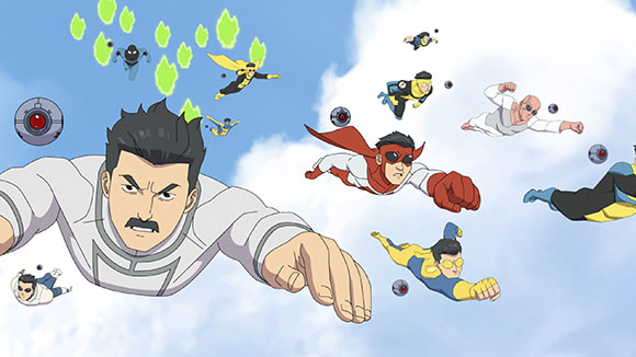 Various animated superheroes flying through a bright blue sky filled with white clouds.