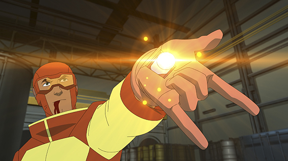 Animated character in red and yellow suit points a hand emitting bright golden light and energy beams.