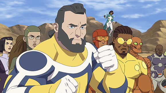 A group of diverse animated superheroes standing in a desert under a blue sky.