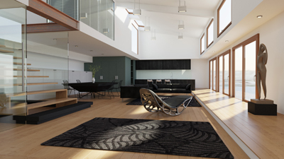 Modern living room with a floating staircase, black furniture, large windows, and a sculpture.